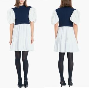 English Factory Puff Sleeve Mixed Media Sweater Dress